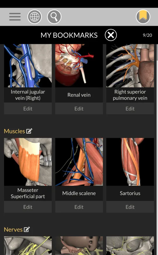 Search and bookmarks in Anatomy 3D Atlas, screen 2 of 2