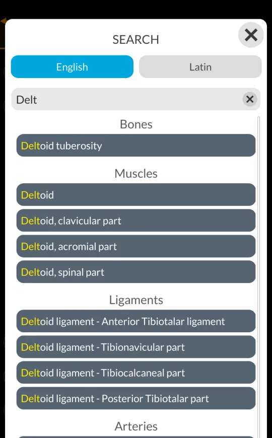 Search and bookmarks in Anatomy 3D Atlas, screen 1 of 2